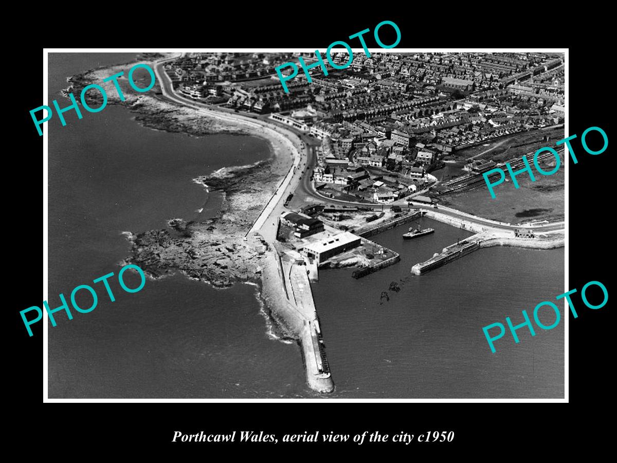 OLD LARGE HISTORIC PHOTO OF PORTHCAWL WALES, AERIAL VIEW OF TOWN c1950