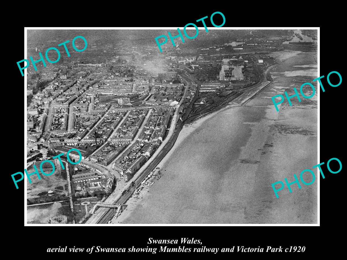 OLD LARGE HISTORIC PHOTO OF SWANSEA WALES, AERIAL VIEW RAILWAY & VIC PARK c1920