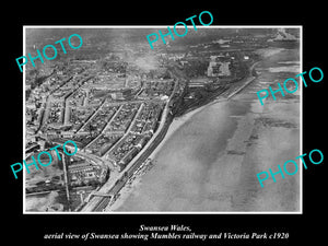 OLD LARGE HISTORIC PHOTO OF SWANSEA WALES, AERIAL VIEW RAILWAY & VIC PARK c1920