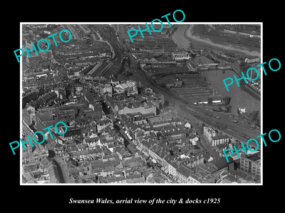 OLD LARGE HISTORIC PHOTO OF SWANSEA WALES, AERIAL VIEW OF CITY & DOCKS c1925