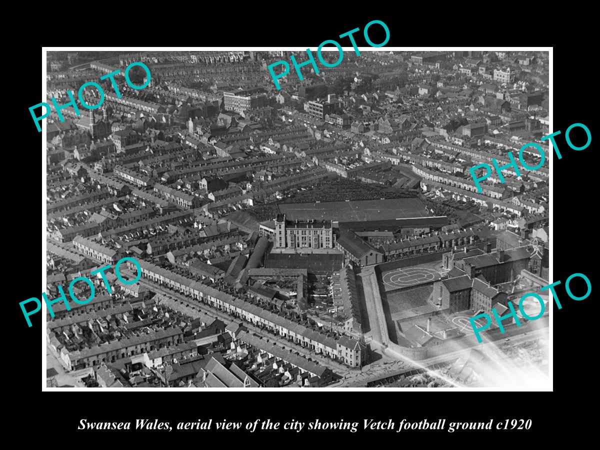 OLD LARGE HISTORIC PHOTO OF SWANSEA WALES, AERIAL VIEW OF VETCH STADIUM c1920