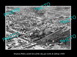 OLD LARGE HISTORIC PHOTO OF SWANSEA WALES, AERIAL VIEW OF CITY & RAILWAY c1920