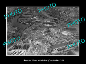 OLD LARGE HISTORIC PHOTO OF SWANSEA WALES, AERIAL VIEW OF THE DOCKS c1930