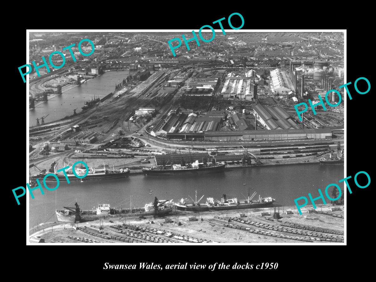 OLD LARGE HISTORIC PHOTO OF SWANSEA WALES, AERIAL VIEW OF THE DOCKS c1950