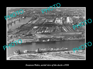 OLD LARGE HISTORIC PHOTO OF SWANSEA WALES, AERIAL VIEW OF THE DOCKS c1950