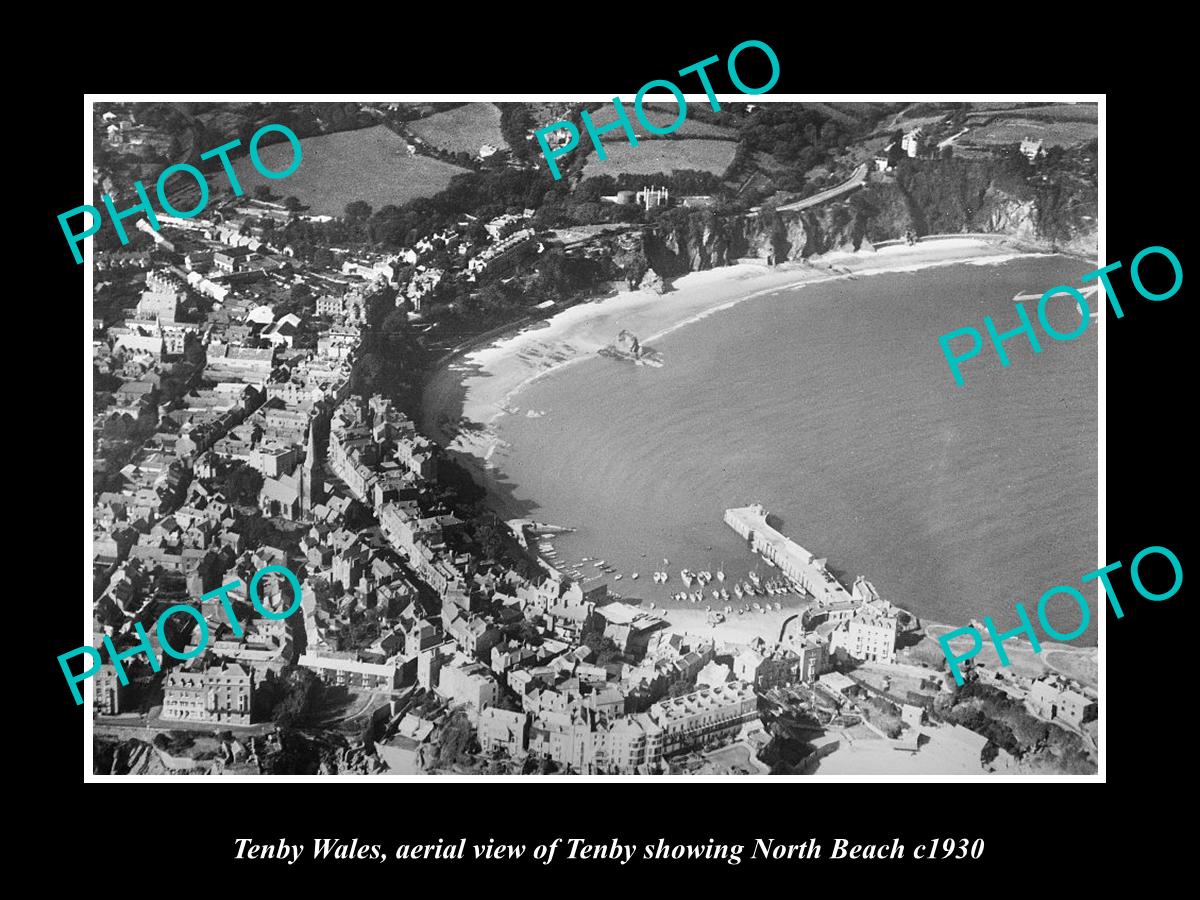 OLD LARGE HISTORIC PHOTO OF TENBY WALES, AERIAL VIEW OF NORTH BEACH AREA c1930