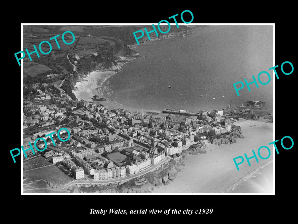 OLD LARGE HISTORIC PHOTO OF TENBY WALES, AERIAL VIEW OF THE TOWN c1920 1