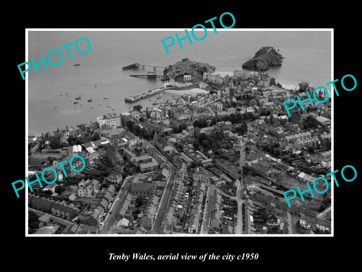 OLD LARGE HISTORIC PHOTO OF TENBY WALES, AERIAL VIEW OF THE TOWN c1950