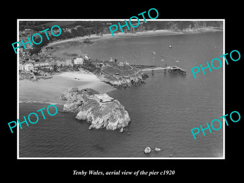 OLD LARGE HISTORIC PHOTO OF TENBY WALES, AERIAL VIEW OF THE TOWN PIER c1920