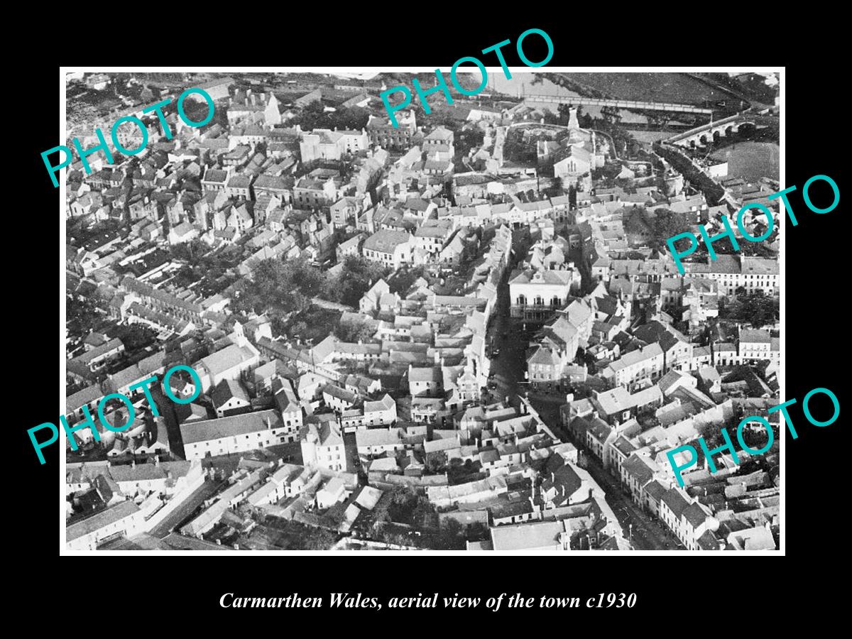 OLD LARGE HISTORIC PHOTO OF CARMARTHEN WALES UK, AERIAL VIEW OF THE TOWN c1930 1