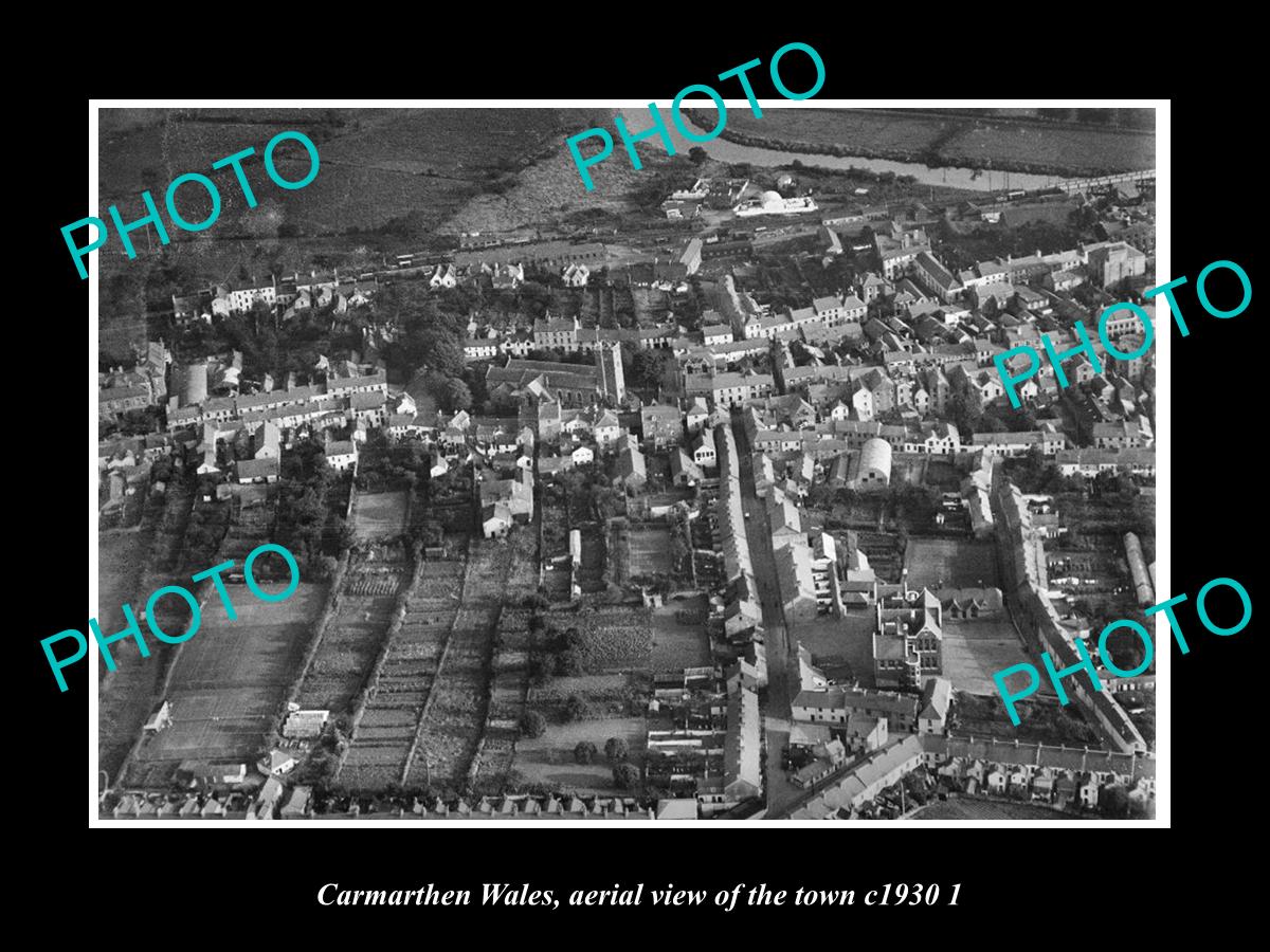 OLD LARGE HISTORIC PHOTO OF CARMARTHEN WALES UK, AERIAL VIEW OF THE TOWN c1930 2