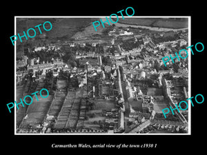 OLD LARGE HISTORIC PHOTO OF CARMARTHEN WALES UK, AERIAL VIEW OF THE TOWN c1930 2