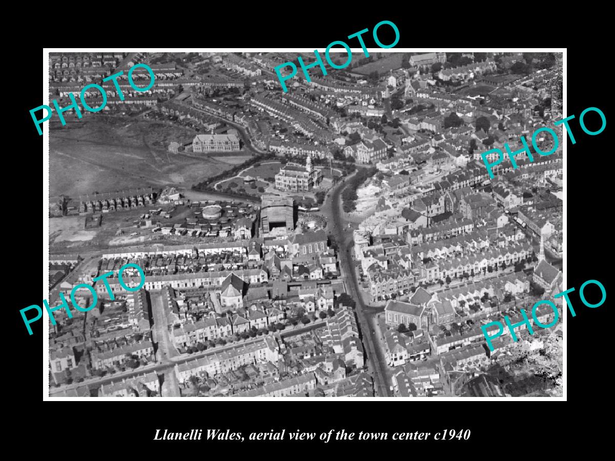 OLD LARGE HISTORIC PHOTO OF LLANELLI WALES, AERIAL VIEW OF TOWN CENTRE c1940