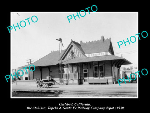 OLD LARGE HISTORIC PHOTO OF CARLSBAD CALIFORNIA, SANTA FE RAILROAD DEPOT c1930