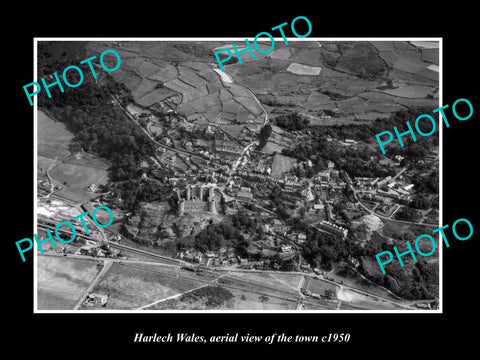 OLD LARGE HISTORIC PHOTO OF HARLECH WALES, AERIAL VIEW OF THE TOWN c1950 1