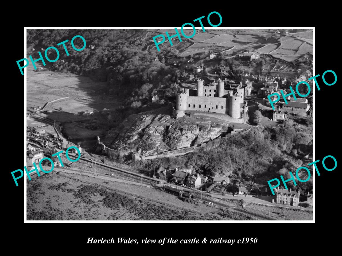 OLD LARGE HISTORIC PHOTO OF HARLECH WALES, VIEW OF THE CASTLE & RAILWAY c1950