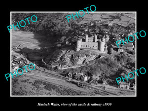 OLD LARGE HISTORIC PHOTO OF HARLECH WALES, VIEW OF THE CASTLE & RAILWAY c1950