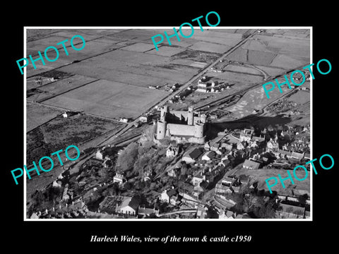 OLD LARGE HISTORIC PHOTO OF HARLECH WALES, VIEW OF THE TOWN & CASTLE c1950