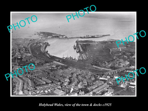 OLD LARGE HISTORIC PHOTO OF HOLYHEAD WALES, VIEW OF THE TOWN & DOCKS c1925