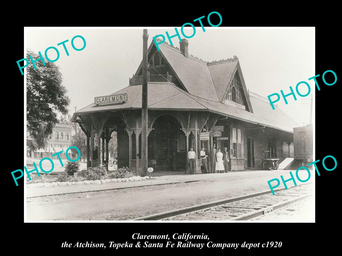 OLD LARGE HISTORIC PHOTO OF CLAREMONT CALIFORNIA, SANTA FE RAILROAD DEPOT c1920