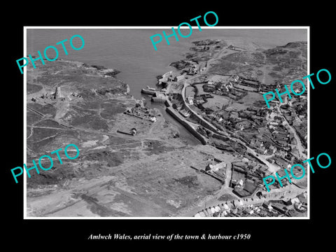 OLD LARGE HISTORIC PHOTO OF AMLWCH WALES, VIEW OF THE TOWN & HARBOUR c1950