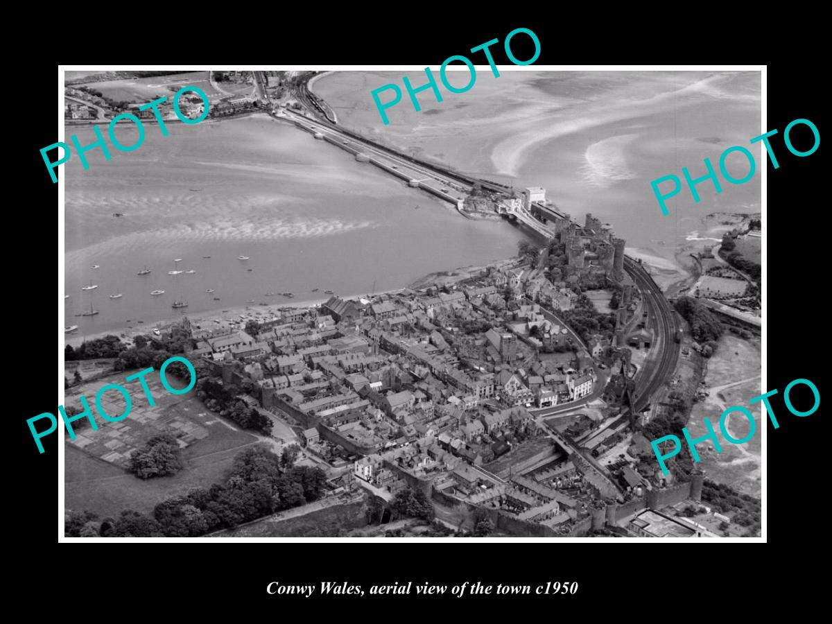 OLD LARGE HISTORIC PHOTO OF CONWY WALES, VIEW OF THE TOWN & BRIDGE c1950