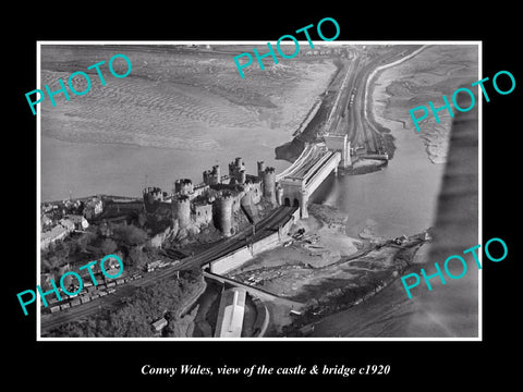 OLD LARGE HISTORIC PHOTO OF CONWY WALES, VIEW OF THE CASTLE & BRIDGE c1920