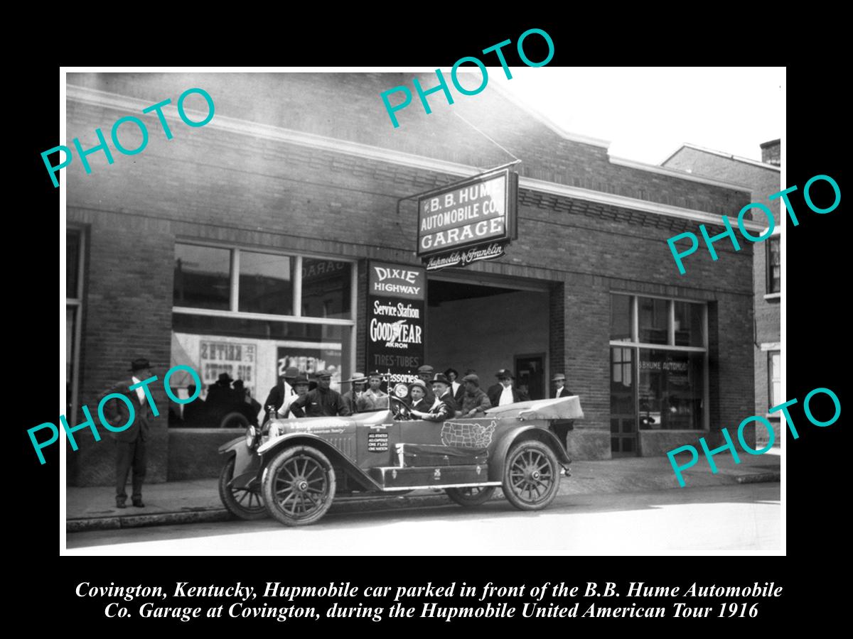 OLD LARGE HISTORIC PHOTO OF COVINGTON KENTUCKY, HUPMOBILE AT GARAGE 1916 US TOUR