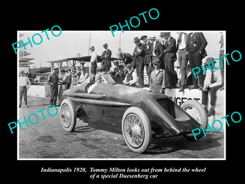 OLD LARGE HISTORIC PHOTO OF TOMMY MILTON DRIVING HIS DUESENBERG CAR, INDY c1920