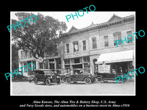 OLD LARGE HISTORIC PHOTO OF ALMA KANSAS, VIEW OF THE TIRE & BATTERY STORE c1910