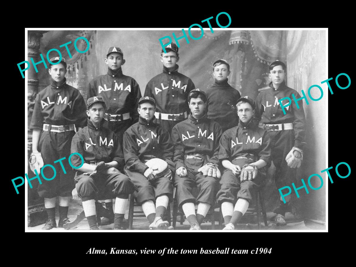 OLD LARGE HISTORIC PHOTO OF ALMA KANSAS, VIEW OF THE TOWN BASEBALL TEAM c1910