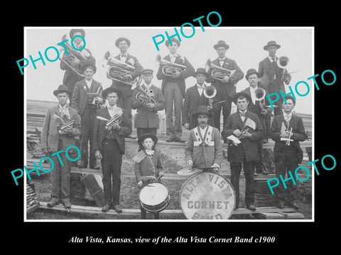 OLD LARGE HISTORIC PHOTO OF ALTA VISTA KANSAS, THE TOWN CORONET BAND c1900