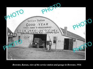 OLD LARGE HISTORIC PHOTO OF BREWSTER KANSAS, VIEW OF THE BREWSTER GARAGE c1916