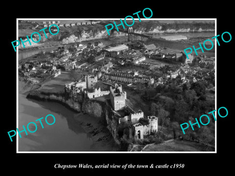 OLD LARGE HISTORIC PHOTO OF CHEPSTOW WALES, VIEW OF THE TOWN & CASTLE c1950