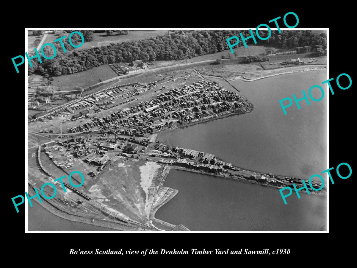 OLD LARGE HISTORIC PHOTO OF BO'NESS SCOTLAND, VIEW OF DENHOLM TIMBER YARD c1930