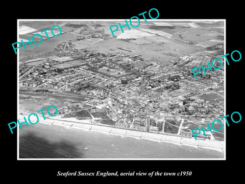 OLD LARGE HISTORIC PHOTO OF SEAFORD SUSSEX ENGLAND, AERIAL VIEW OF TOWN c1950 2