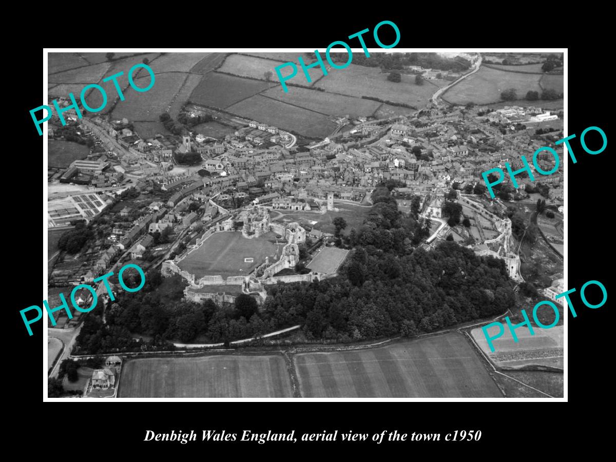 OLD LARGE HISTORIC PHOTO OF DENBIGH WALES, AERIAL VIEW OF THE TOWN c1950 1