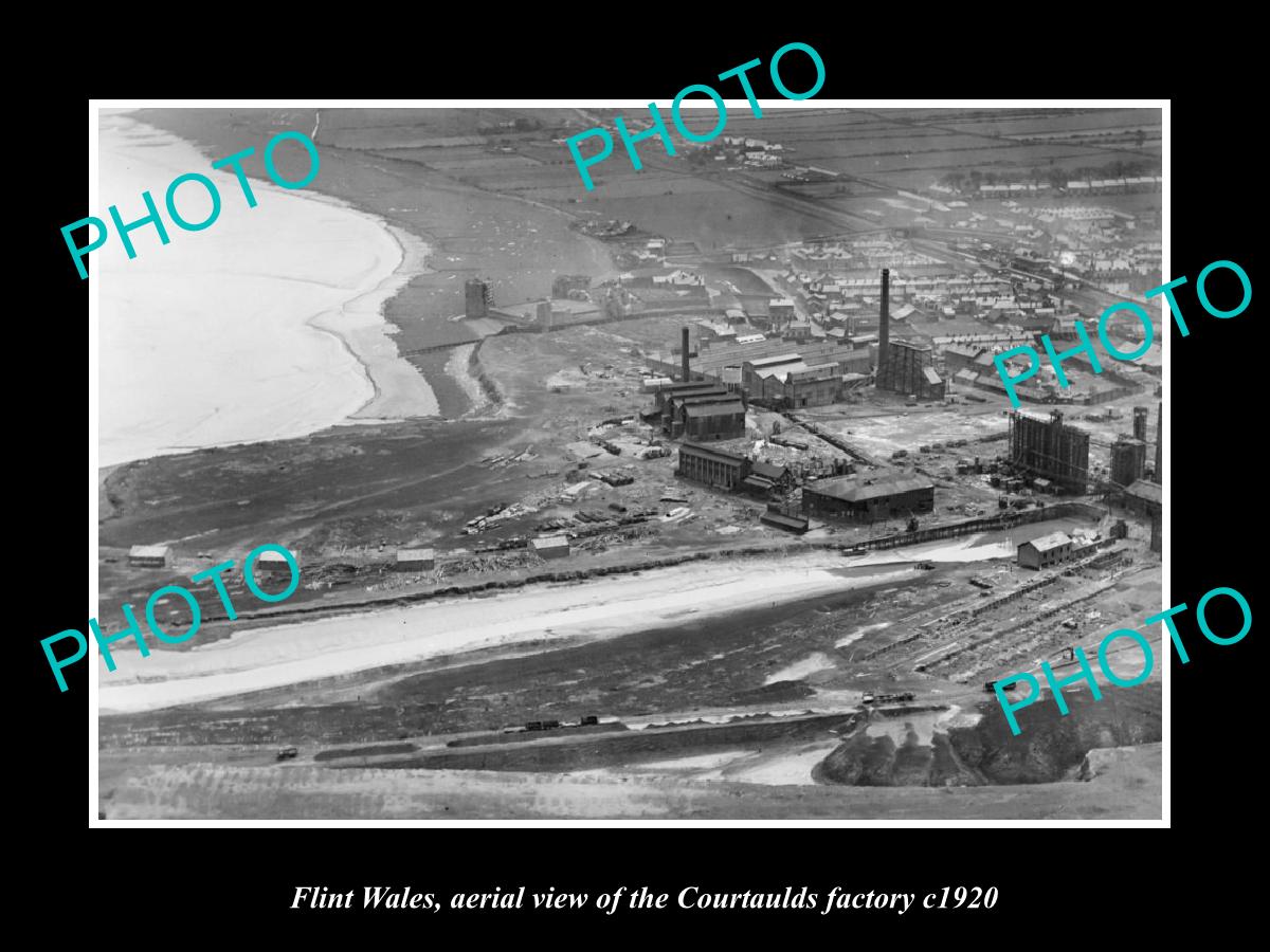 OLD LARGE HISTORIC PHOTO OF FLINT WALES, VIEW OF THE COURTAULDS FACTORY c1920