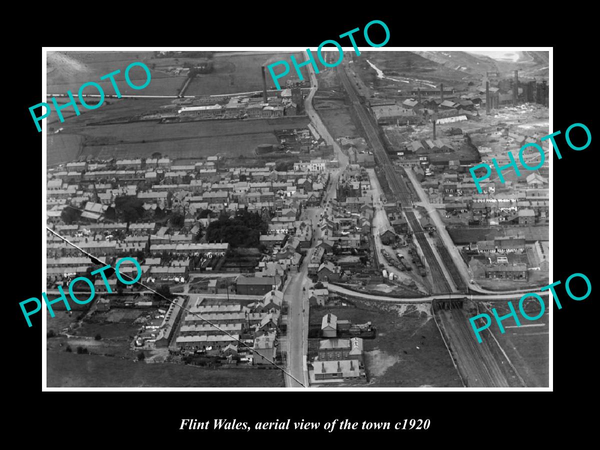 OLD LARGE HISTORIC PHOTO OF FLINT WALES, AERIAL VIEW OF THE TOWN c1920