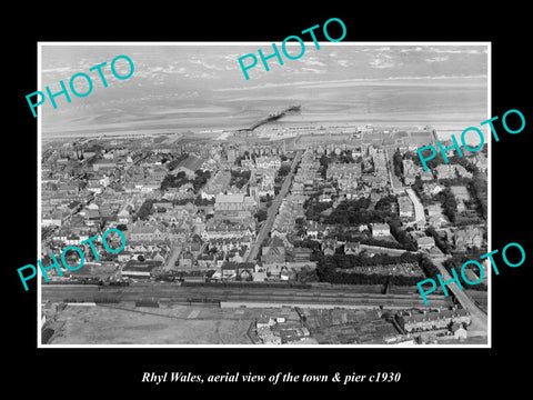 OLD LARGE HISTORIC PHOTO OF RHYL WALES, AERIAL VIEW OF TOWN & PIER c1930 1