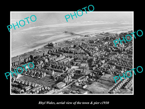 OLD LARGE HISTORIC PHOTO OF RHYL WALES, AERIAL VIEW OF TOWN & PIER c1930 2