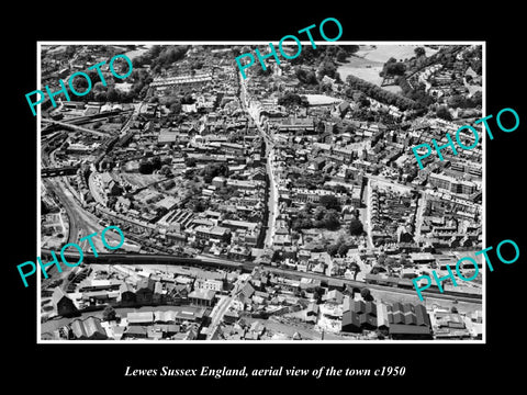 OLD LARGE HISTORIC PHOTO OF LEWES SUSSEX ENGLAND, AERIAL VIEW OF TOWN c1950 1