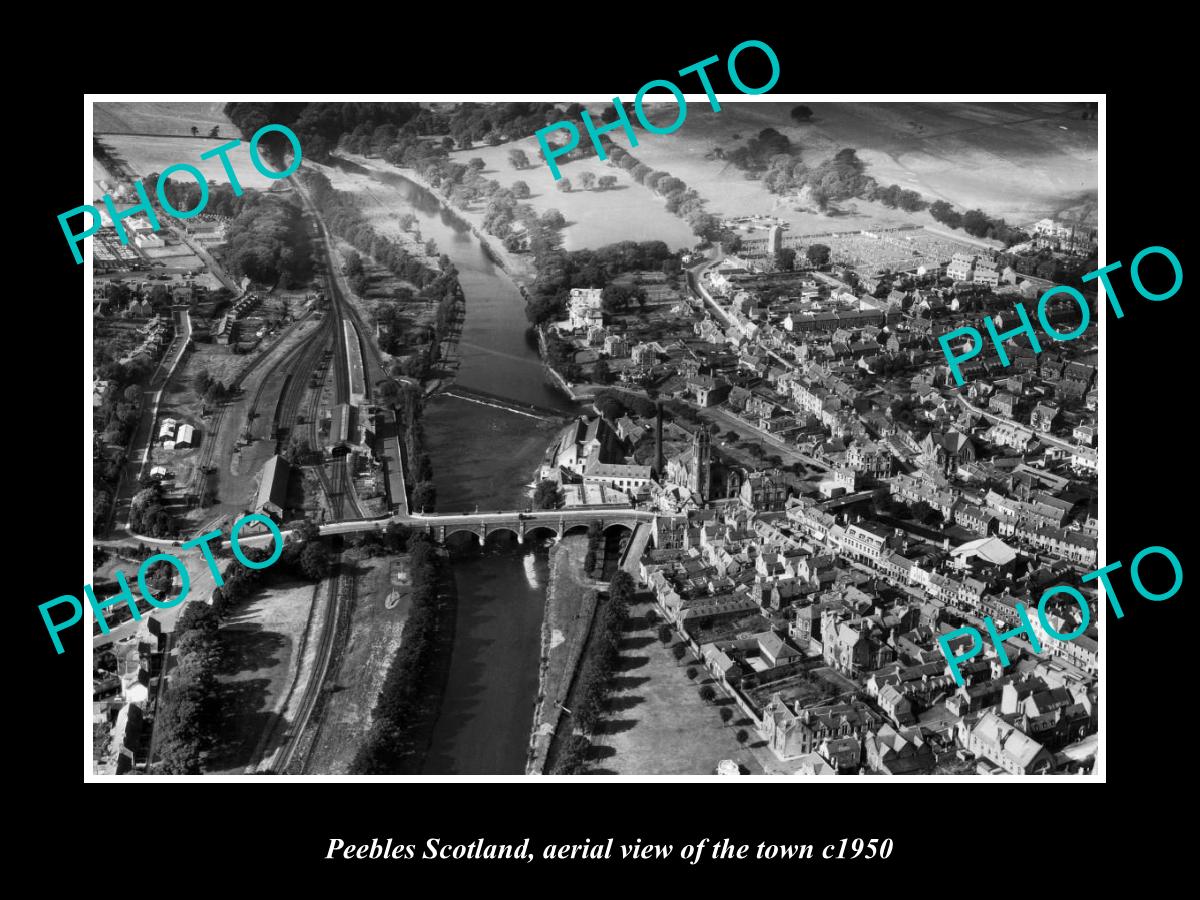 OLD LARGE HISTORIC PHOTO OF PEEBLES SCOTLAND, AERIAL VIEW OF THE TOWN c1950 1