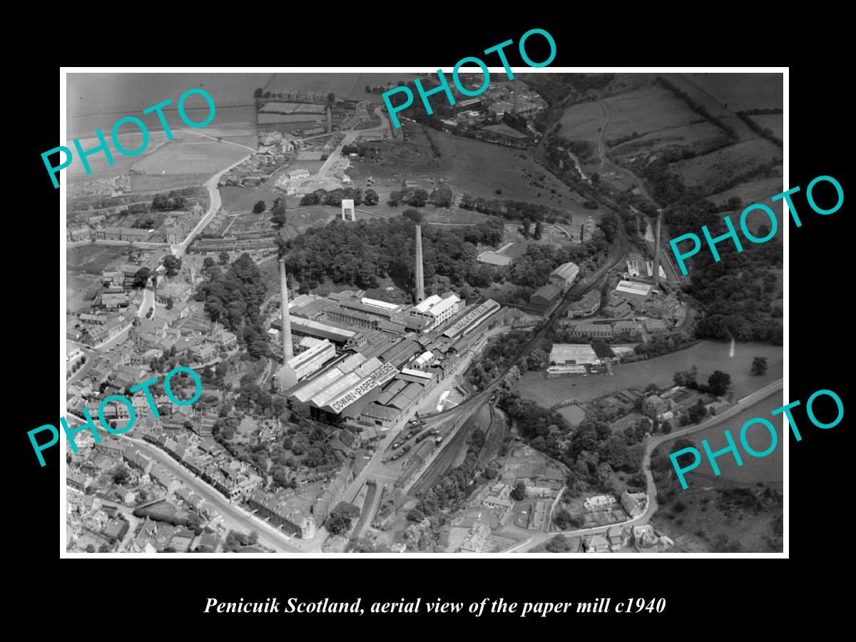 OLD LARGE HISTORIC PHOTO OF PENICUIK SCOTLAND, AERIAL VIEW OF PAPER MILL c1940