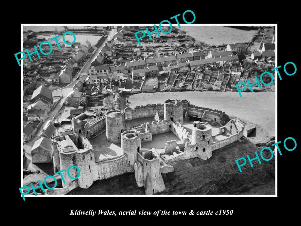 OLD LARGE HISTORIC PHOTO OF KIDWELLY WALES, AERIAL VIEW OF TOWN & CASTLE c1950 1