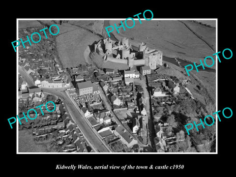 OLD LARGE HISTORIC PHOTO OF KIDWELLY WALES, AERIAL VIEW OF TOWN & CASTLE c1950 4