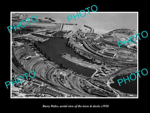 OLD LARGE HISTORIC PHOTO OF BARRY WALES, AERIAL VIEW OF THE TOWN & DOCKS c1950 1