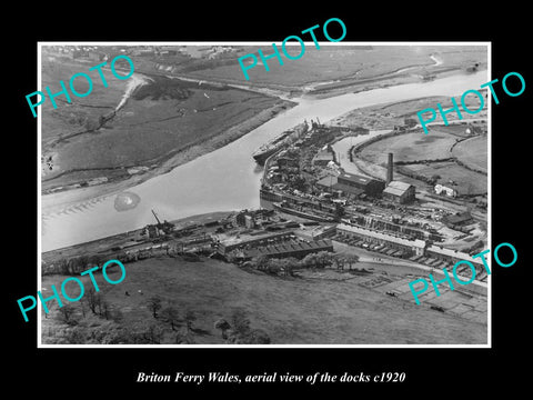 OLD LARGE HISTORIC PHOTO OF BRITON FERRY WALES, AERIAL VIEW OF THE DOCKS c1920