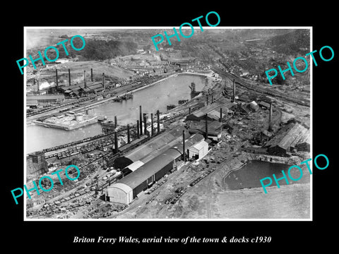 OLD LARGE HISTORIC PHOTO OF BRITON FERRY WALES, VIEW OF THE TOWN & DOCKS c1930 1