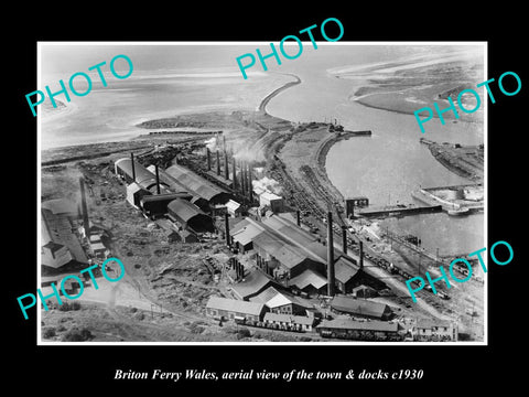 OLD LARGE HISTORIC PHOTO OF BRITON FERRY WALES, VIEW OF THE TOWN & DOCKS c1930 2